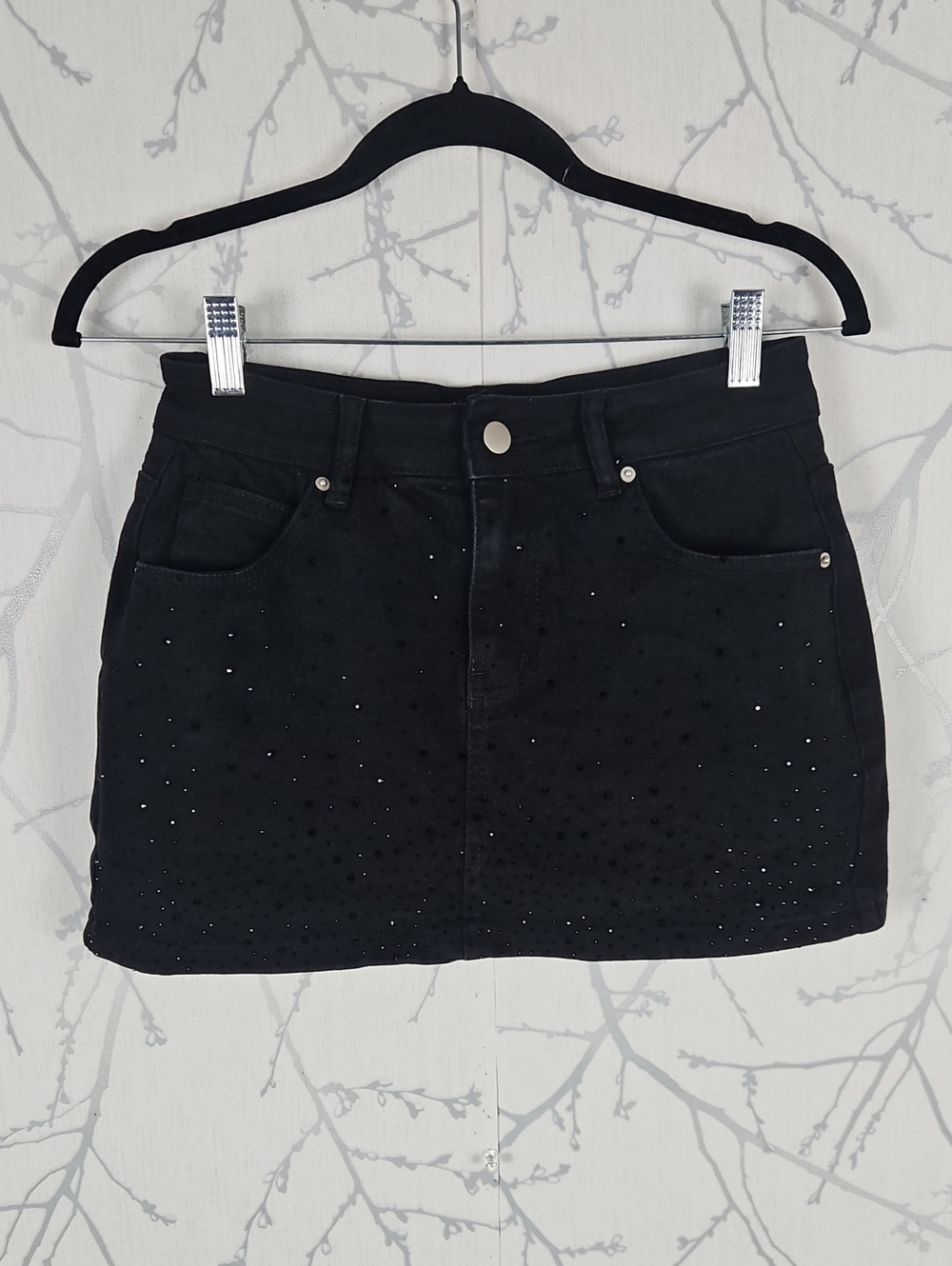 Guanyy Black Wash Stretch Denim Rhinestone Mini Skort